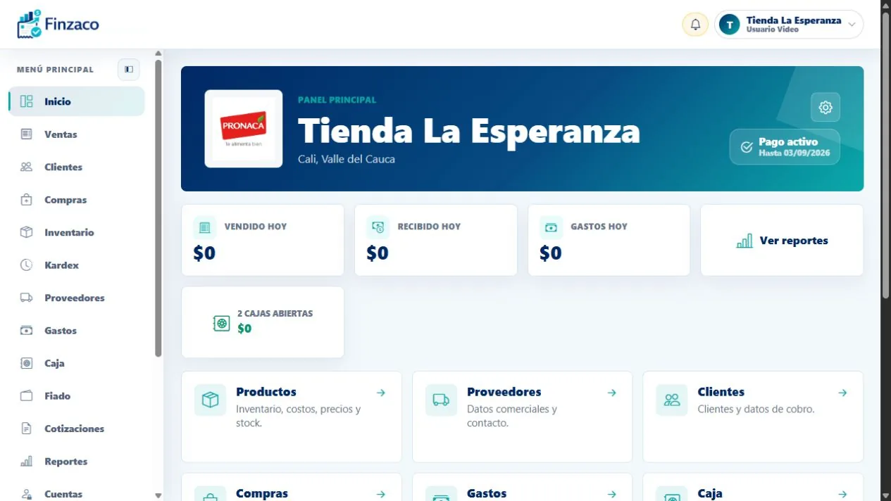 Panel principal de Finzaco para Tienda La Esperanza