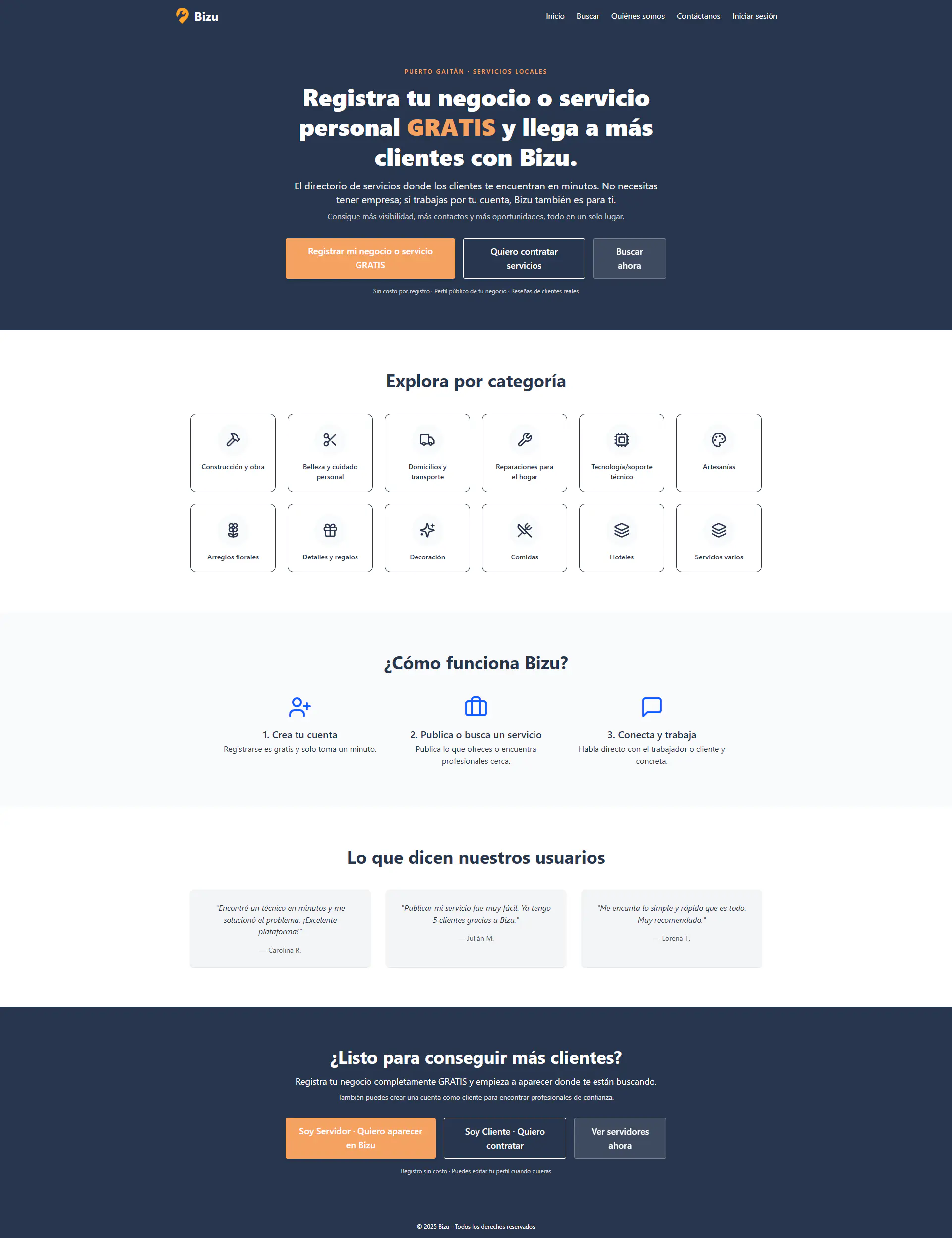 Página de inicio de Bizu - Marketplace de servicios profesionales