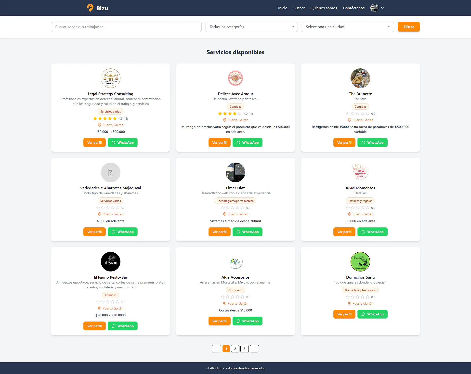 Búsqueda y filtros de servicios en Bizu