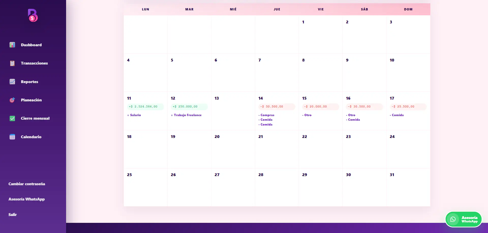 Calendario de transacciones en BaheCash