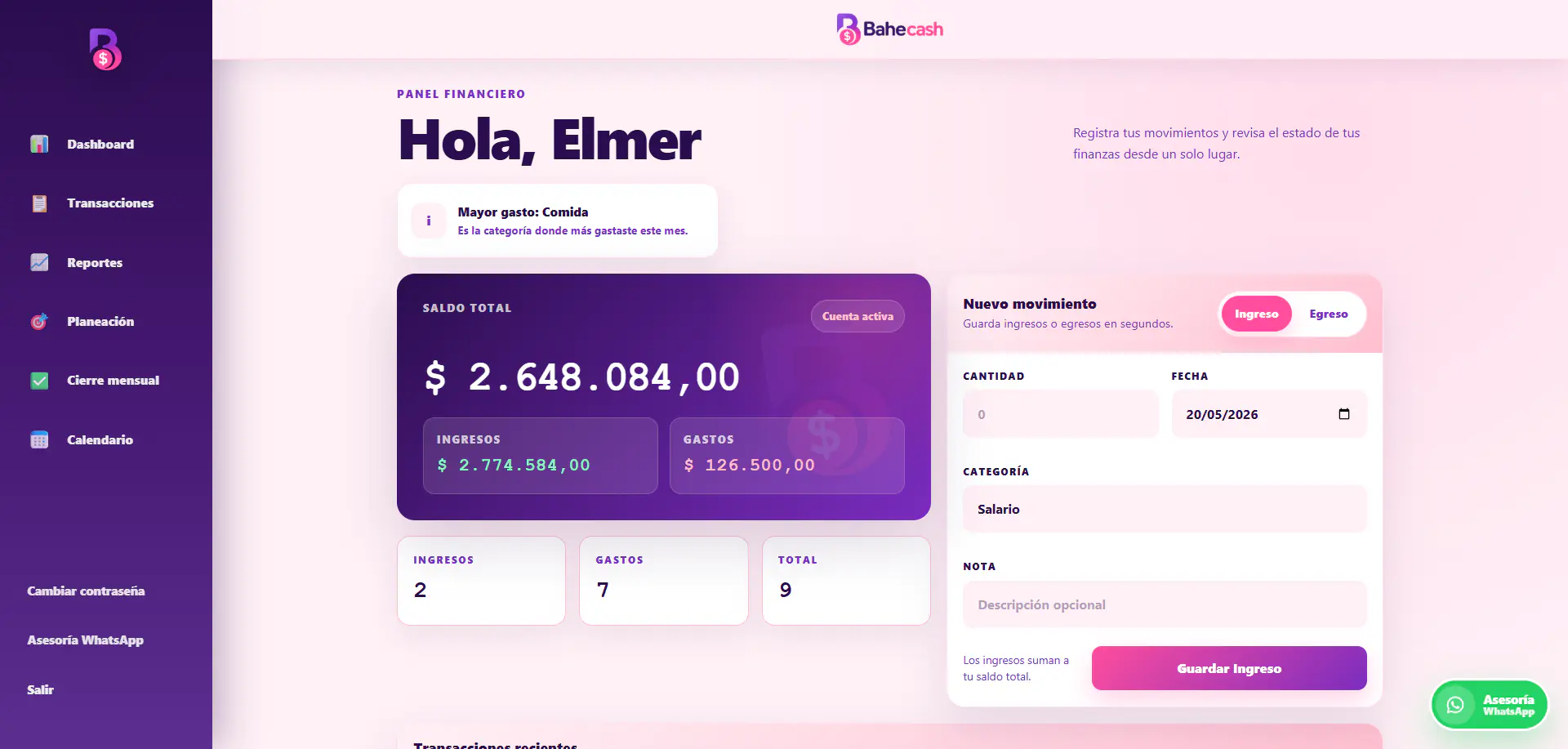 Dashboard de BaheCash con movimientos financieros