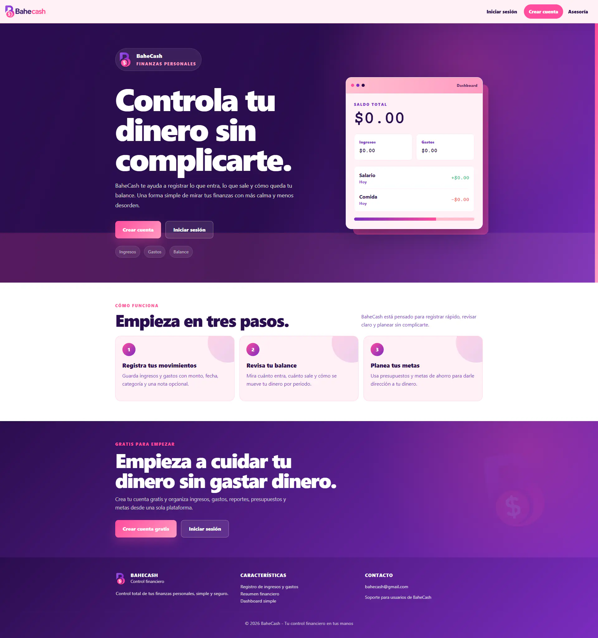 Página de inicio de BaheCash - App de finanzas personales